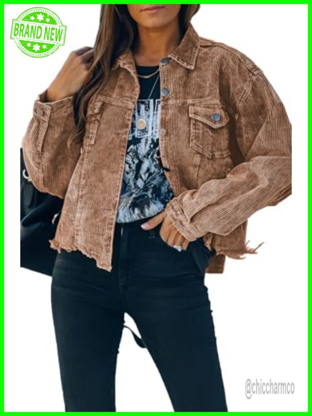 Women's Corduroy Cropped Jacket Button Down Shacket Fall Casual